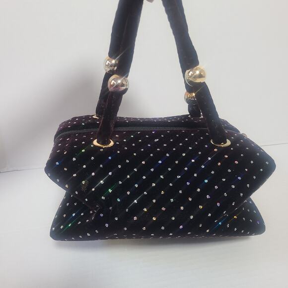 Vintage Black Velvet Rhinestone Evening Handbag w Gold Ball Accent 1960's Style - Picture 7 of 14